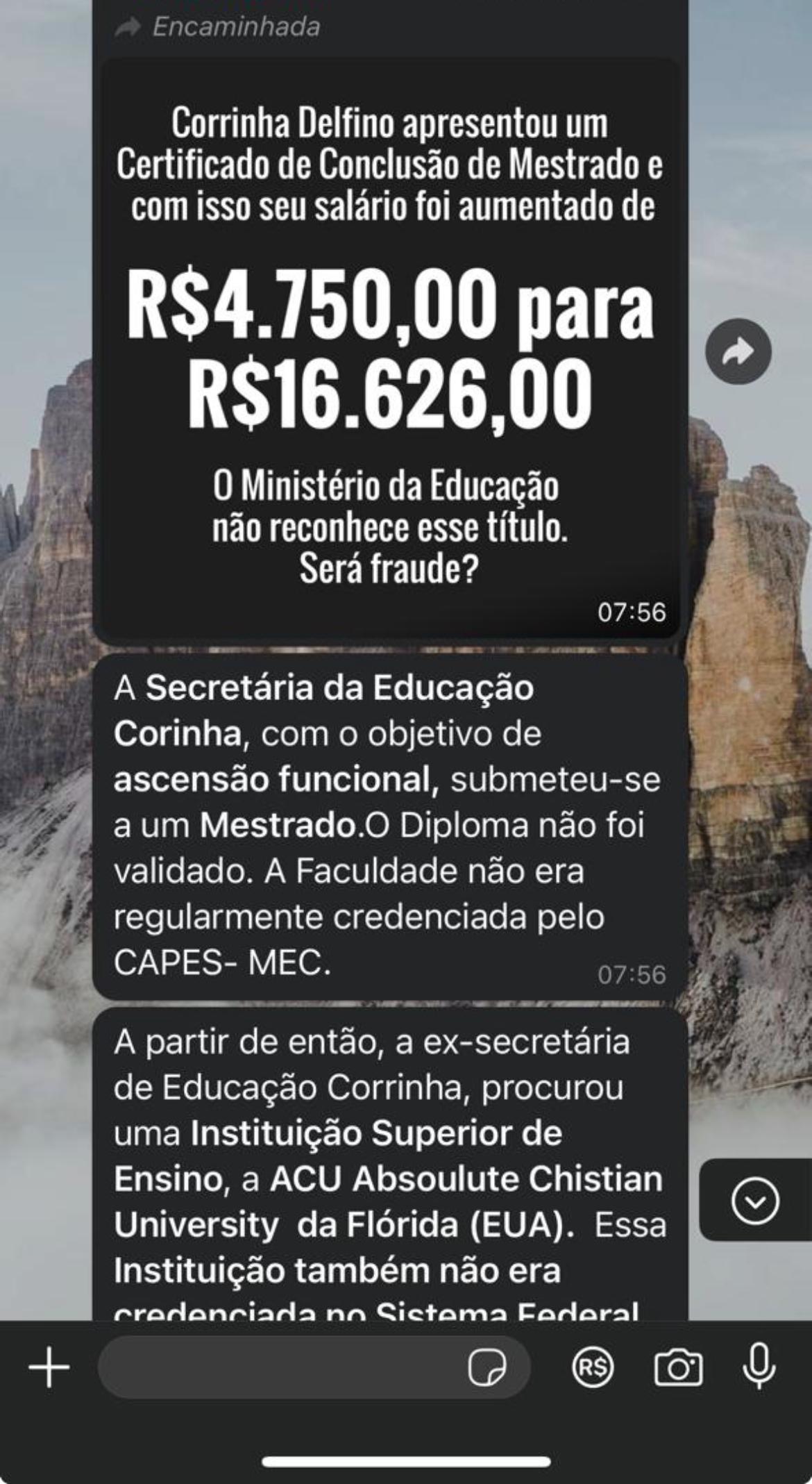 Conteúdo que foi espalhado pelo senhor Aldo em desfavor de Corrinha Delfino em grupos de WhatsApp | Imagem: print/grupo de WhatsApp