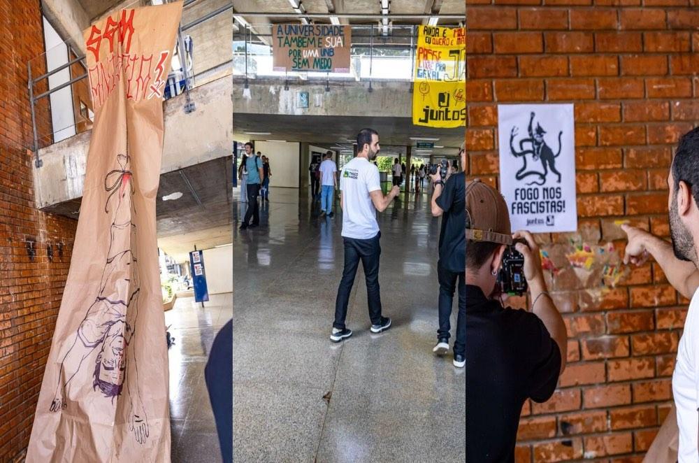 Cartaz com Bolsonaro pendurado pelos pés é exibido na UnB