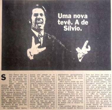 Notícia da concessão do canal 11 de televisão do Rio de Janeiro para o apresentador e empresário Silvio Santos no Jornal da Tarde de 24 de outubro de 1975. Foto: Acervo Estadão
