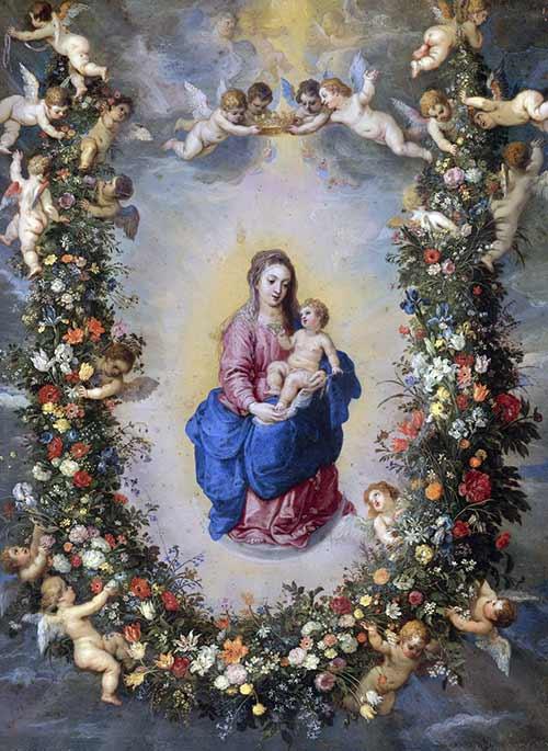 “A Virgem e o Menino rodeados por uma guirlanda de flores seguradas pelos querubins”, de Jan Brueghel, o Velho.