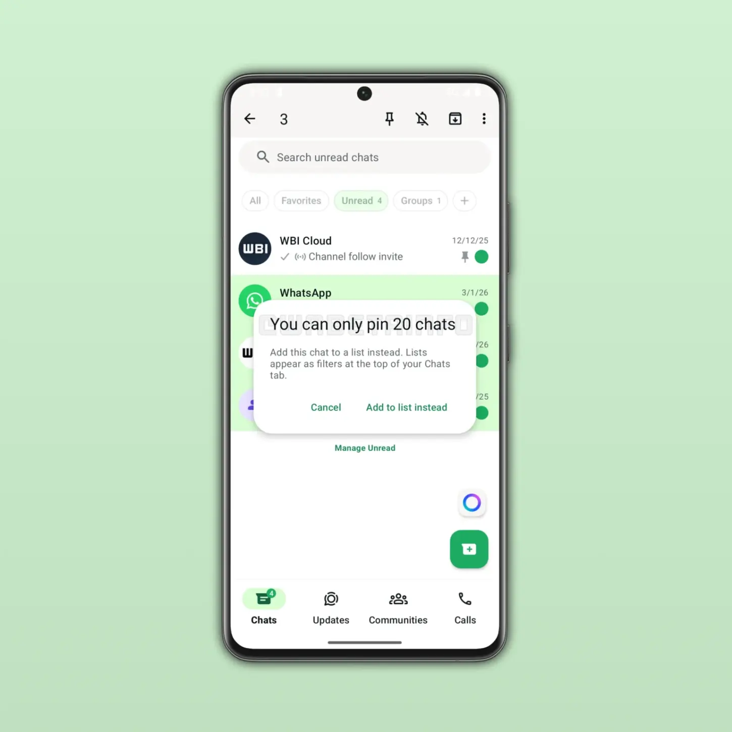 Assinantes poderão fixar até 20 conversas | Imagem: reprodução/WABetaInfo